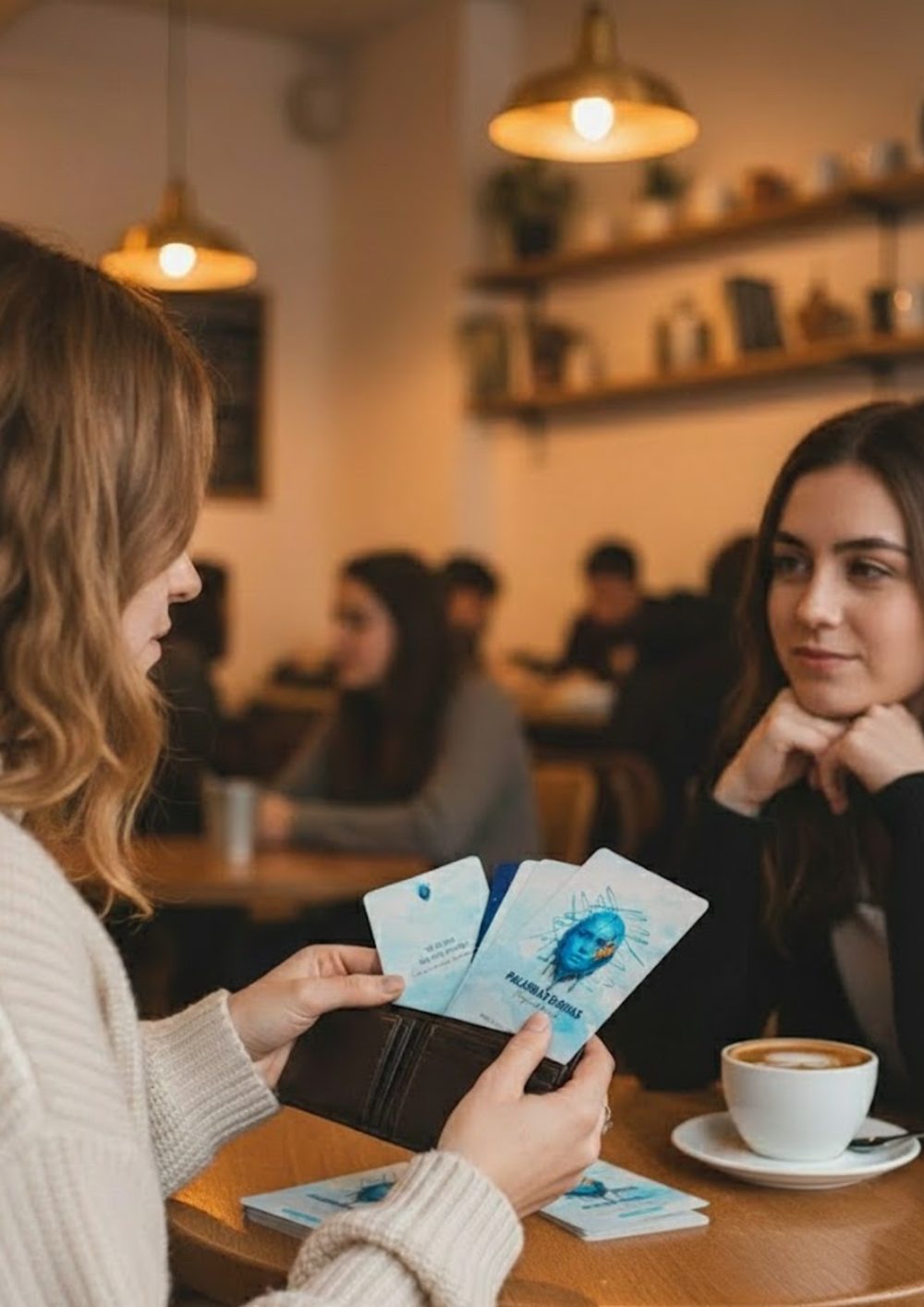 Mujer mostrando las tarjetas de afirmaciones diarias del bono de Descongelada