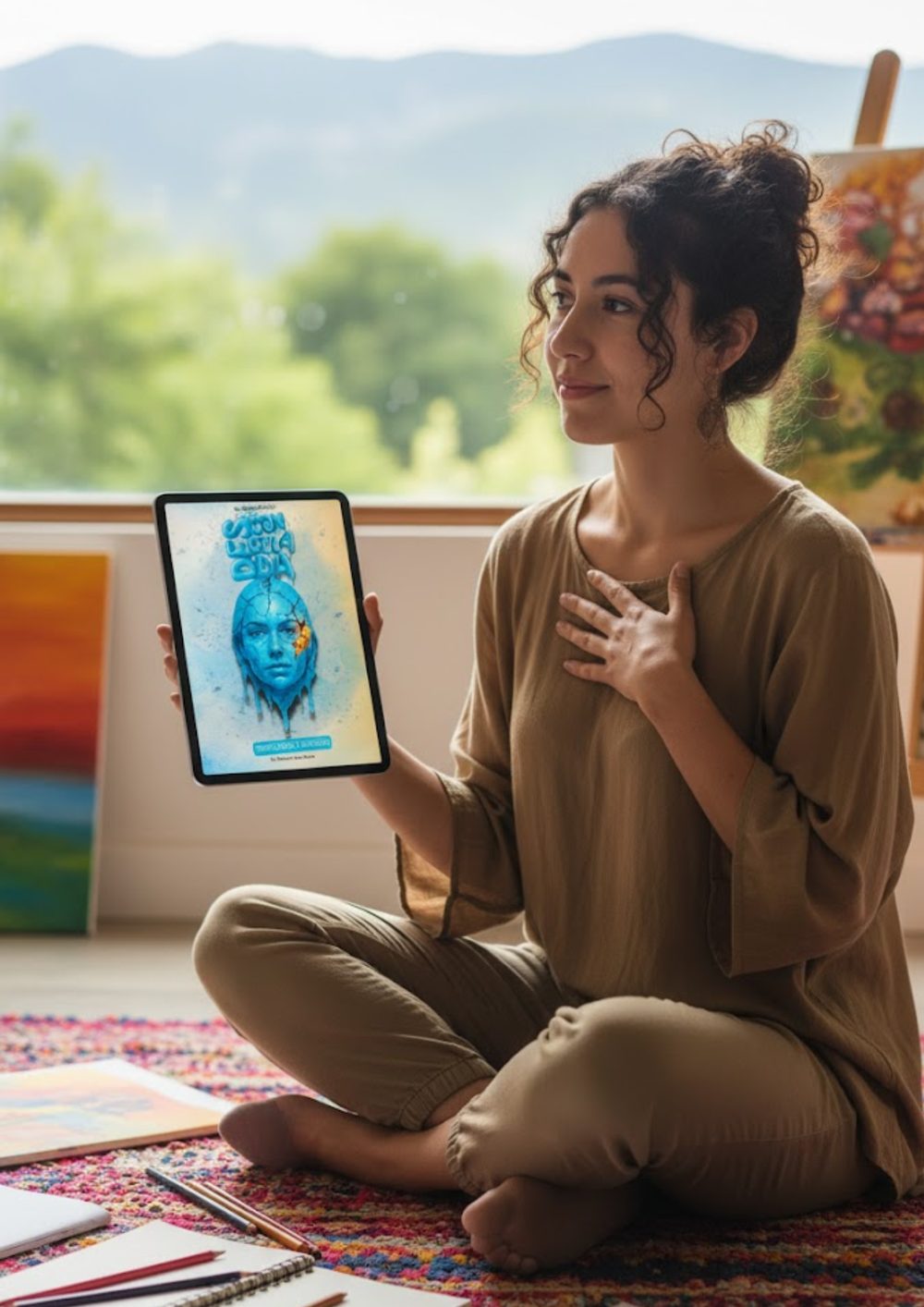Mujer en pausa, con una mano en el pecho, sosteniendo una tablet con la portada del ebook Descongelada
