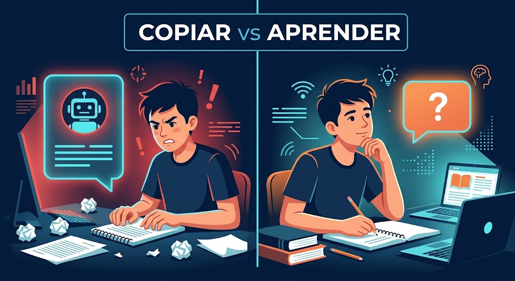 Ilustración comparando a un adolescente copiando respuestas de la IA frustrado, y a otro pensando y aprendiendo con la IA como apoyo