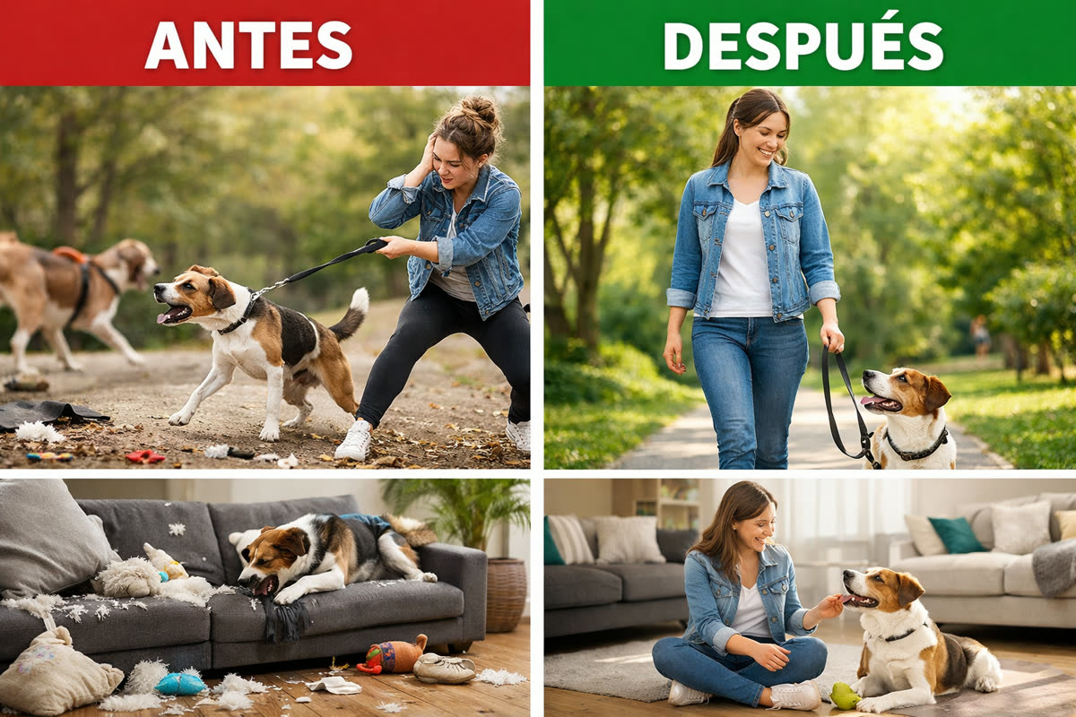 Ilustración de un antes con paseos tironeados y una casa destruida, y un después con paseos tranquilos y una convivencia calmada