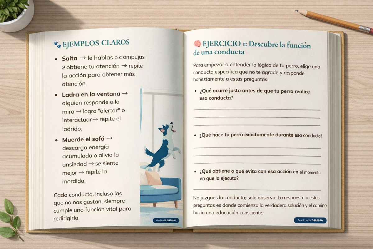 Página interior de la guía con ejemplos y un ejercicio práctico para entender la conducta del perro